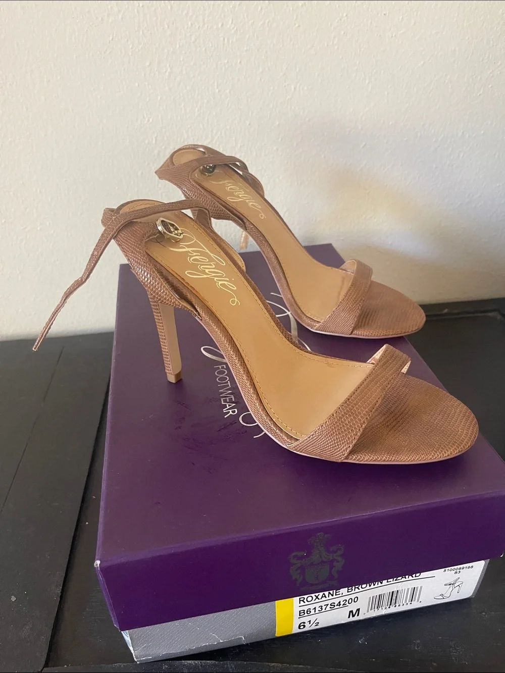 Fergie Brown Textured Open-Toe Ankle Strap Heels